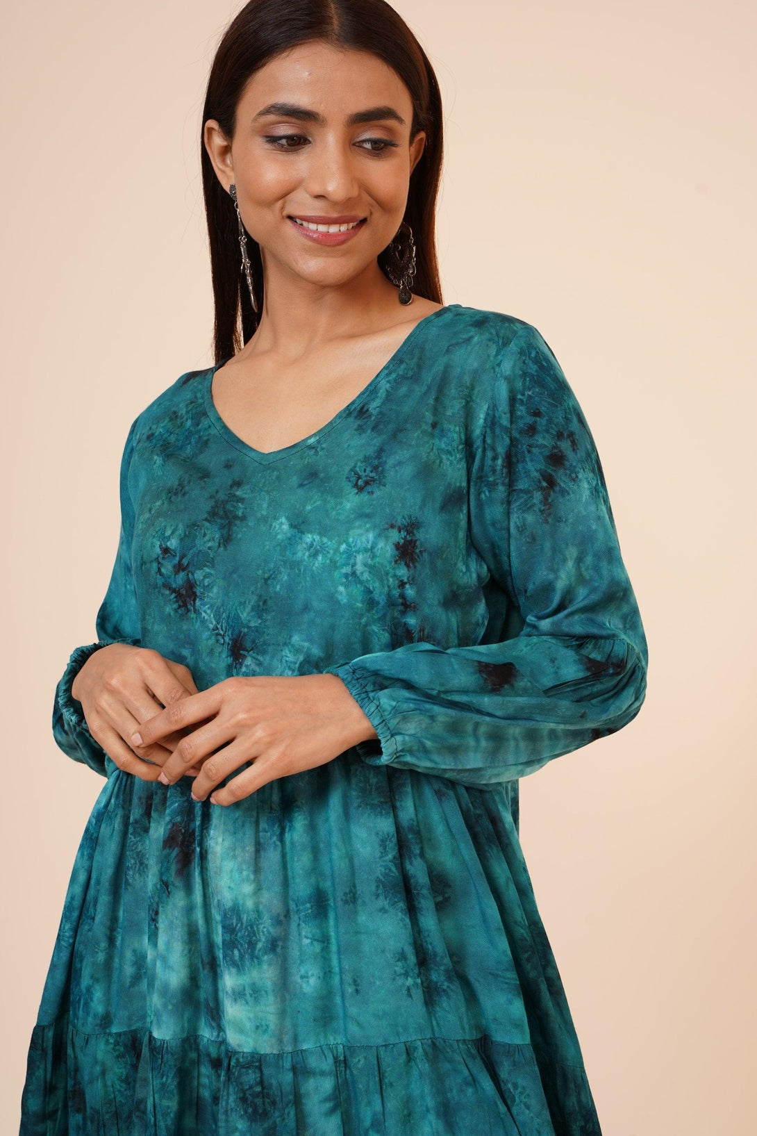 Women's Indian Tie N Dye Kurti With Balloon Sleeves In Blue - MIRACOLOS by Ruchi - Indiakreations