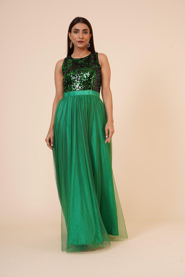 Women's Green Sequins Gown With Sequins Yoke And Net Flare - MIRACOLOS by Ruchi - Indiakreations