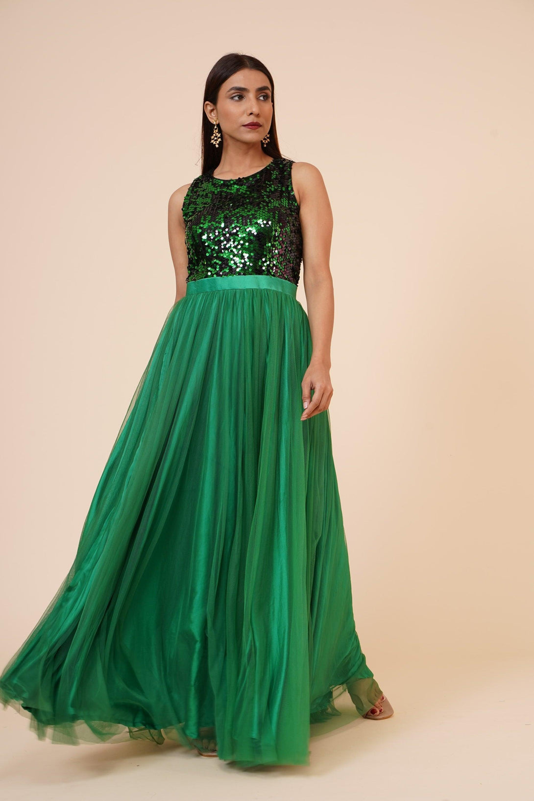 Women's Green Sequins Gown With Sequins Yoke And Net Flare - MIRACOLOS by Ruchi - Indiakreations