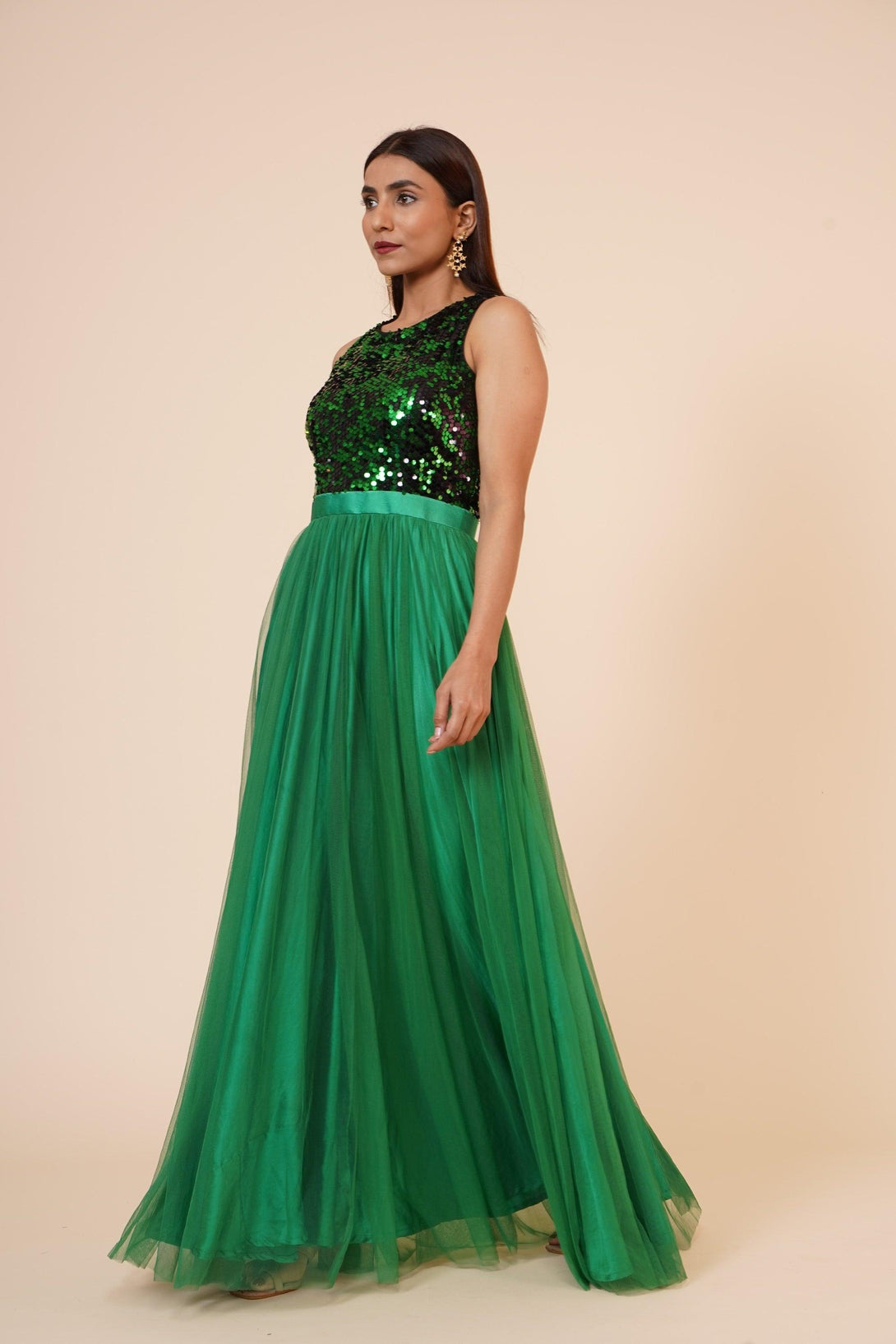 Women's Green Sequins Gown With Sequins Yoke And Net Flare - MIRACOLOS by Ruchi - Indiakreations