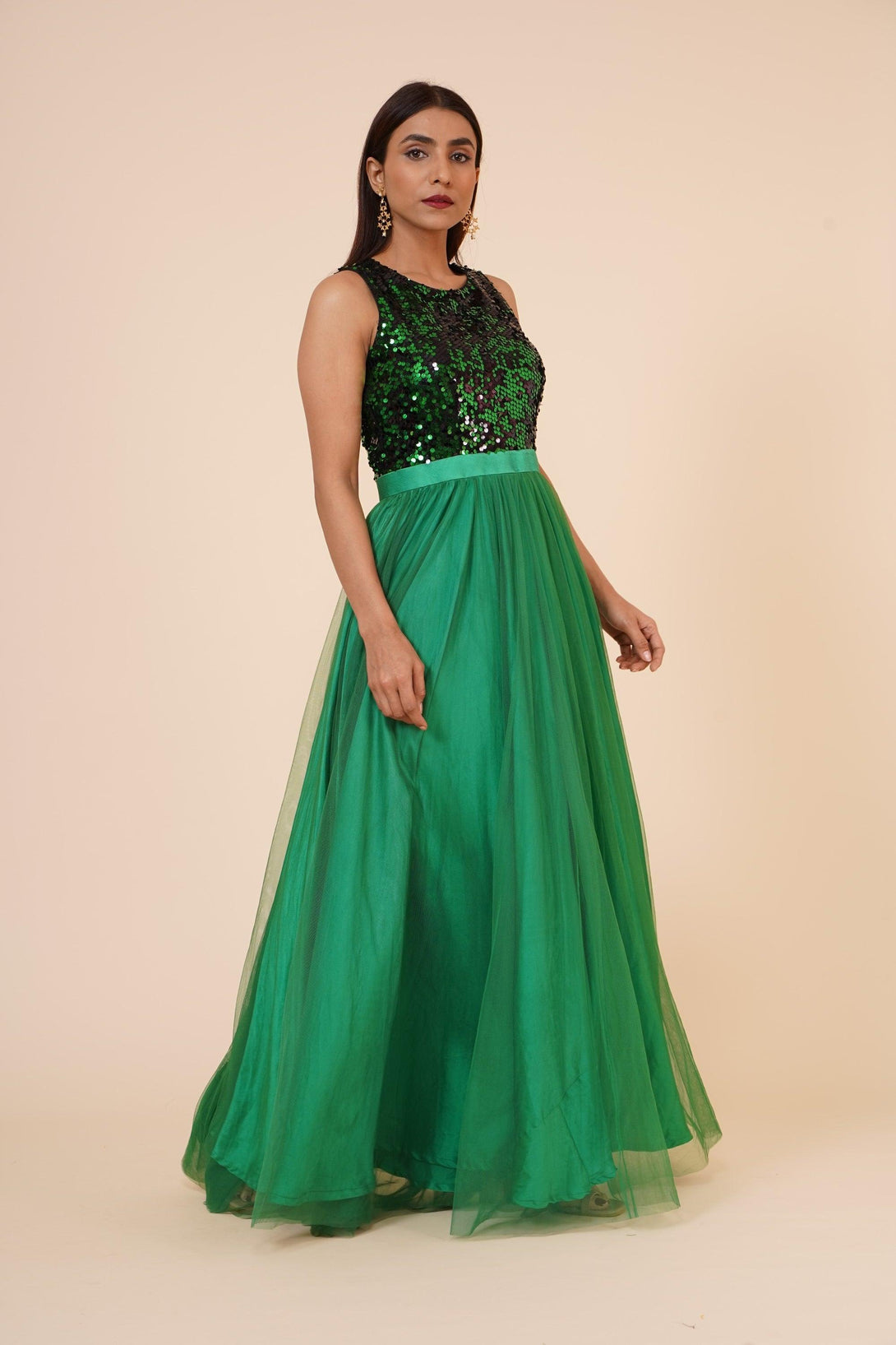 Women's Green Sequins Gown With Sequins Yoke And Net Flare - MIRACOLOS by Ruchi - Indiakreations