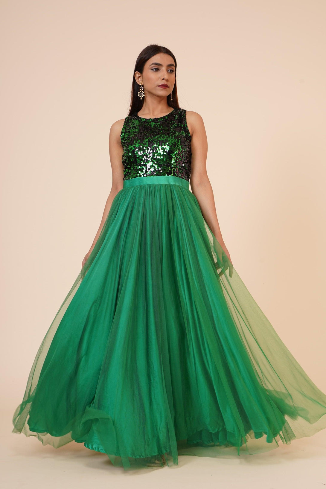 Women's Green Sequins Gown With Sequins Yoke And Net Flare - MIRACOLOS by Ruchi - Indiakreations