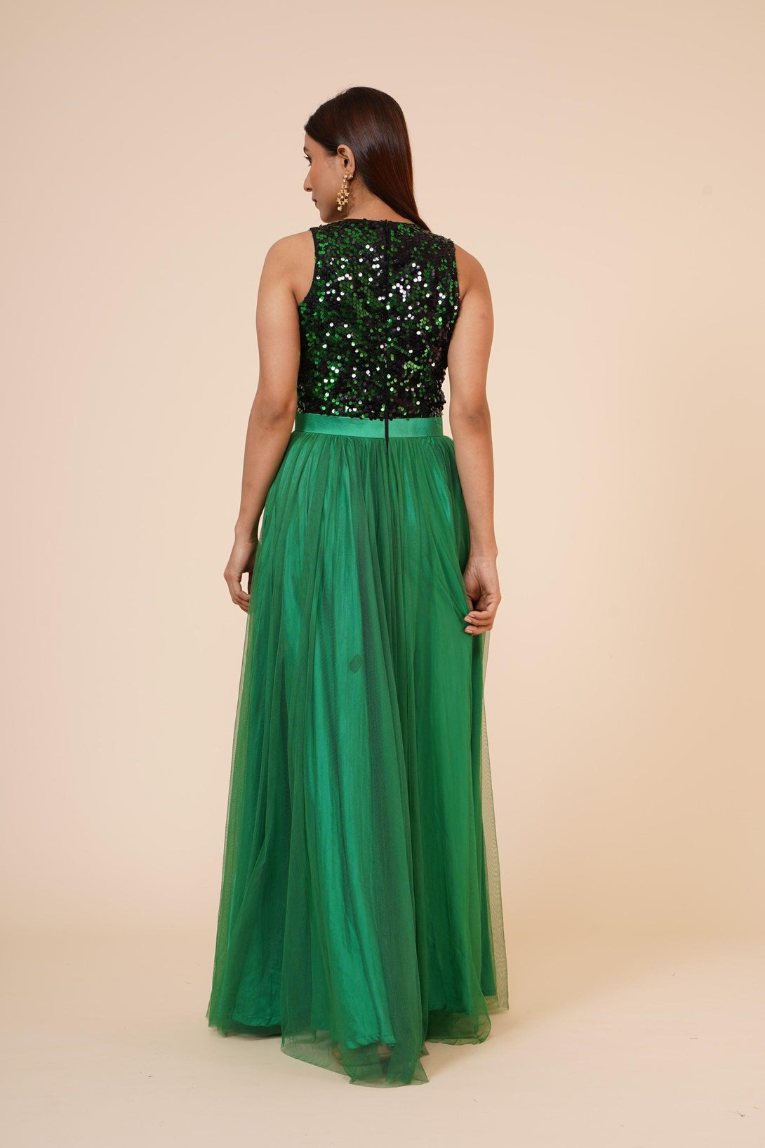 Women's Green Sequins Gown With Sequins Yoke And Net Flare - MIRACOLOS by Ruchi - Indiakreations