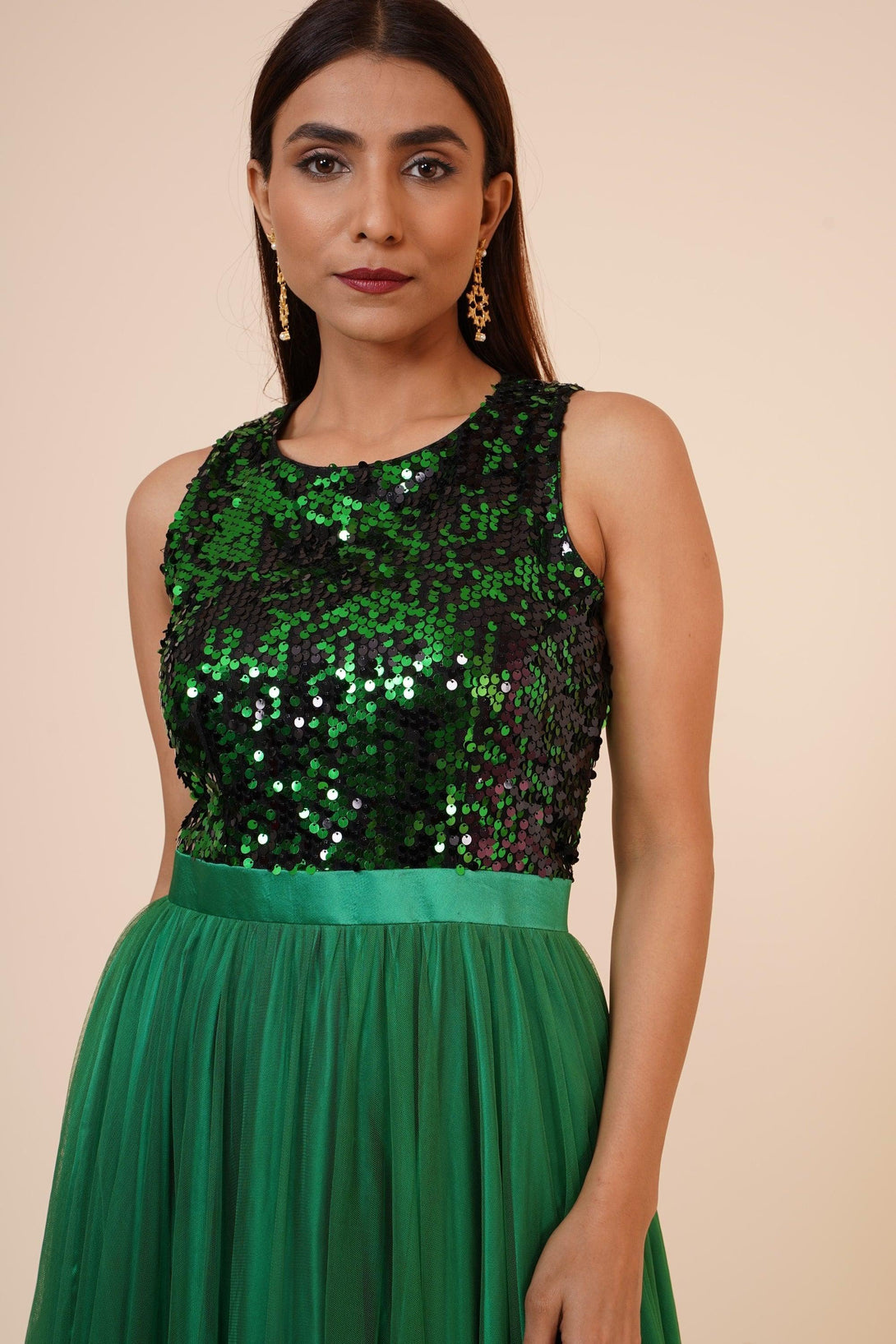 Women's Green Sequins Gown With Sequins Yoke And Net Flare - MIRACOLOS by Ruchi - Indiakreations