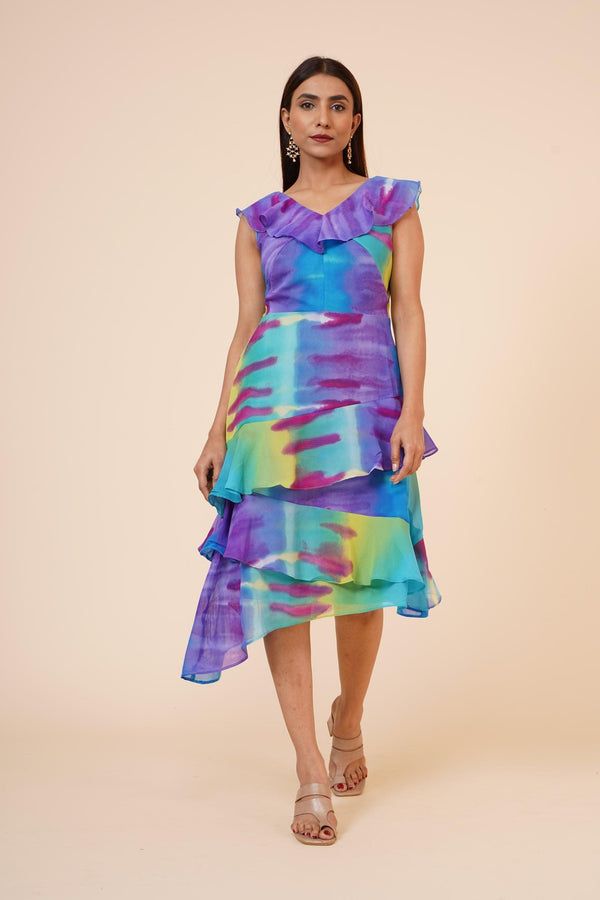 Women's Multicolor Printed Georgette Ruffle Dress - MIRACOLOS by Ruchi - Indiakreations