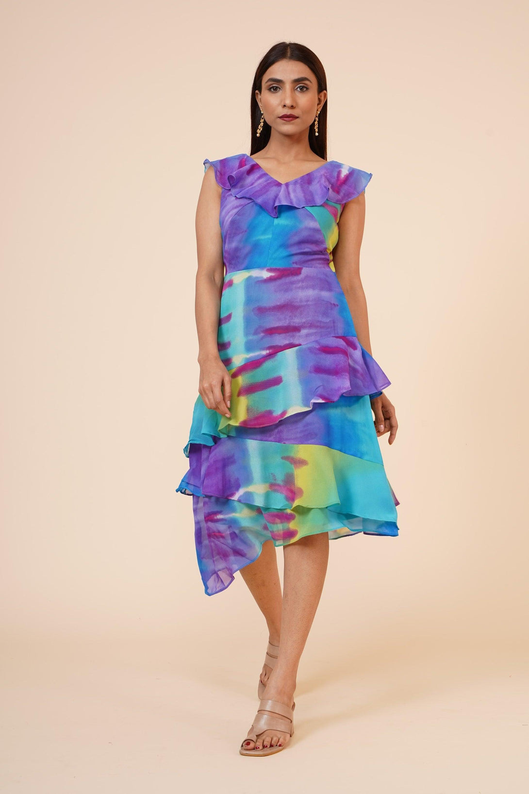 Women's Multicolor Printed Georgette Ruffle Dress - MIRACOLOS by Ruchi - Indiakreations