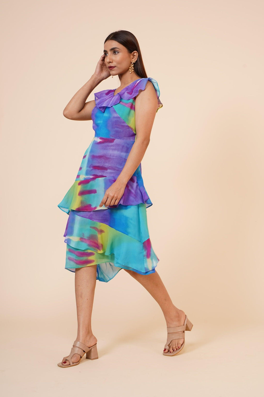 Women's Multicolor Printed Georgette Ruffle Dress - MIRACOLOS by Ruchi - Indiakreations