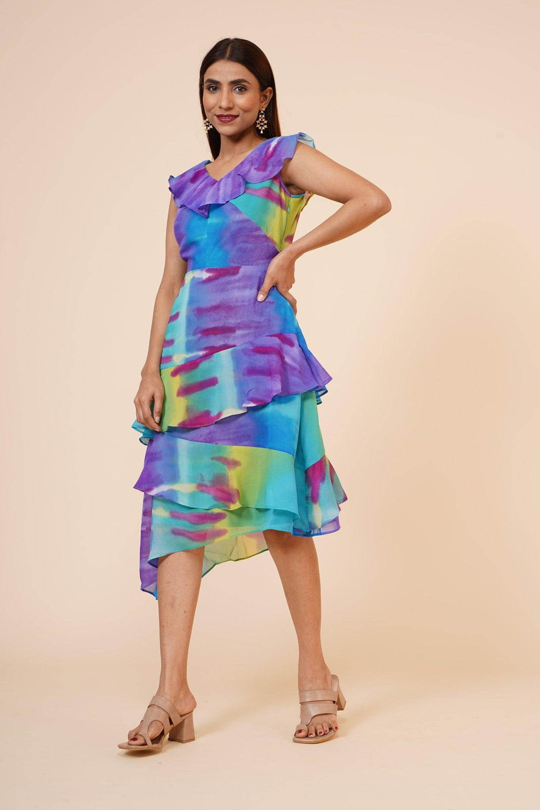 Women's Multicolor Printed Georgette Ruffle Dress - MIRACOLOS by Ruchi - Indiakreations