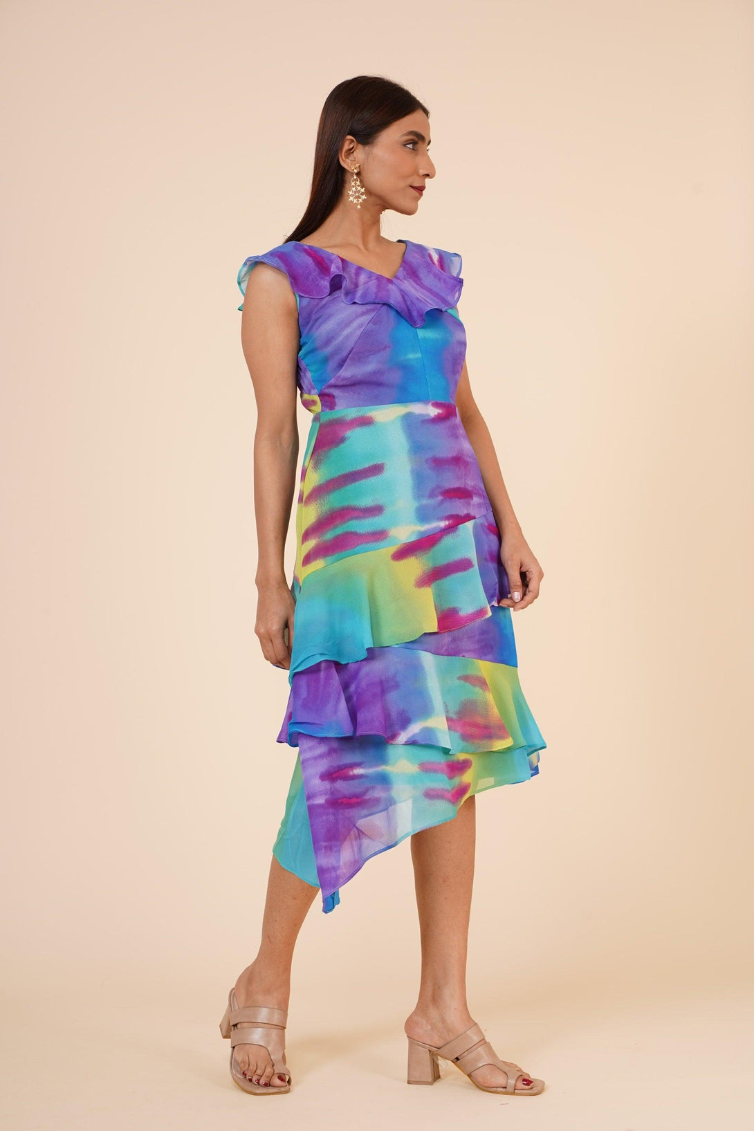 Women's Multicolor Printed Georgette Ruffle Dress - MIRACOLOS by Ruchi - Indiakreations