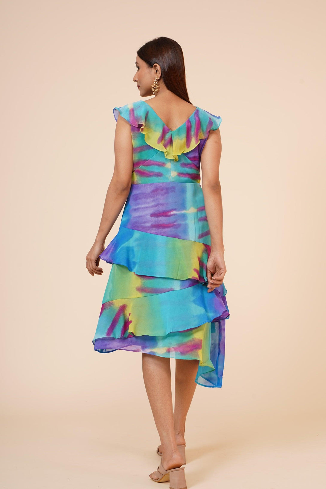 Women's Multicolor Printed Georgette Ruffle Dress - MIRACOLOS by Ruchi - Indiakreations