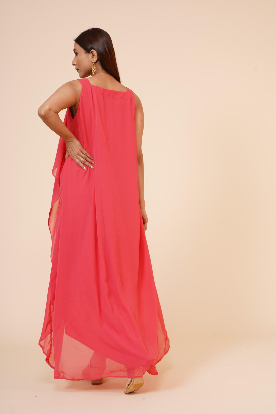 Women's Halter Neck Ruffle Drape Georgette Dress In Peach - MIRACOLOS by Ruchi - Indiakreations