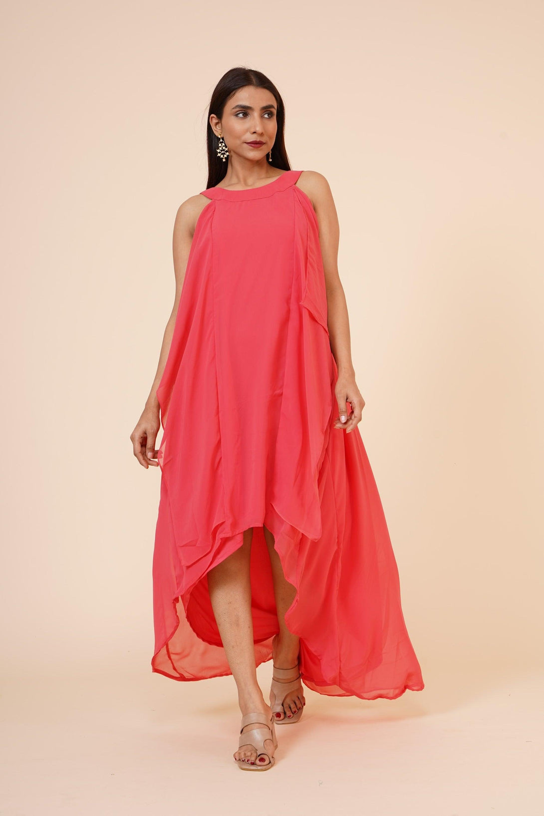 Women's Halter Neck Ruffle Drape Georgette Dress In Peach - MIRACOLOS by Ruchi - Indiakreations