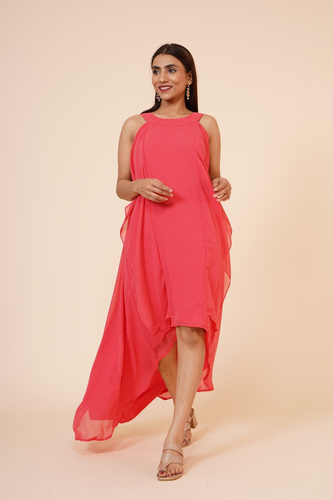 Women's Halter Neck Ruffle Drape Georgette Dress In Peach - MIRACOLOS by Ruchi - Indiakreations