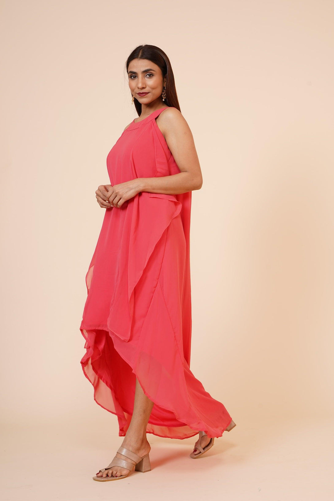 Women's Halter Neck Ruffle Drape Georgette Dress In Peach - MIRACOLOS by Ruchi - Indiakreations