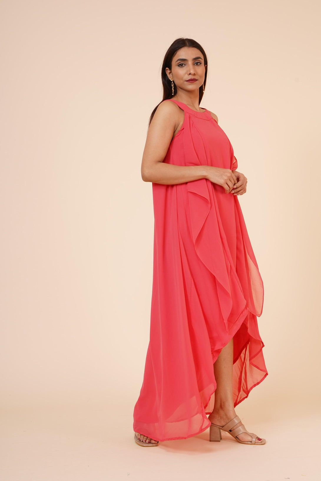 Women's Halter Neck Ruffle Drape Georgette Dress In Peach - MIRACOLOS by Ruchi - Indiakreations