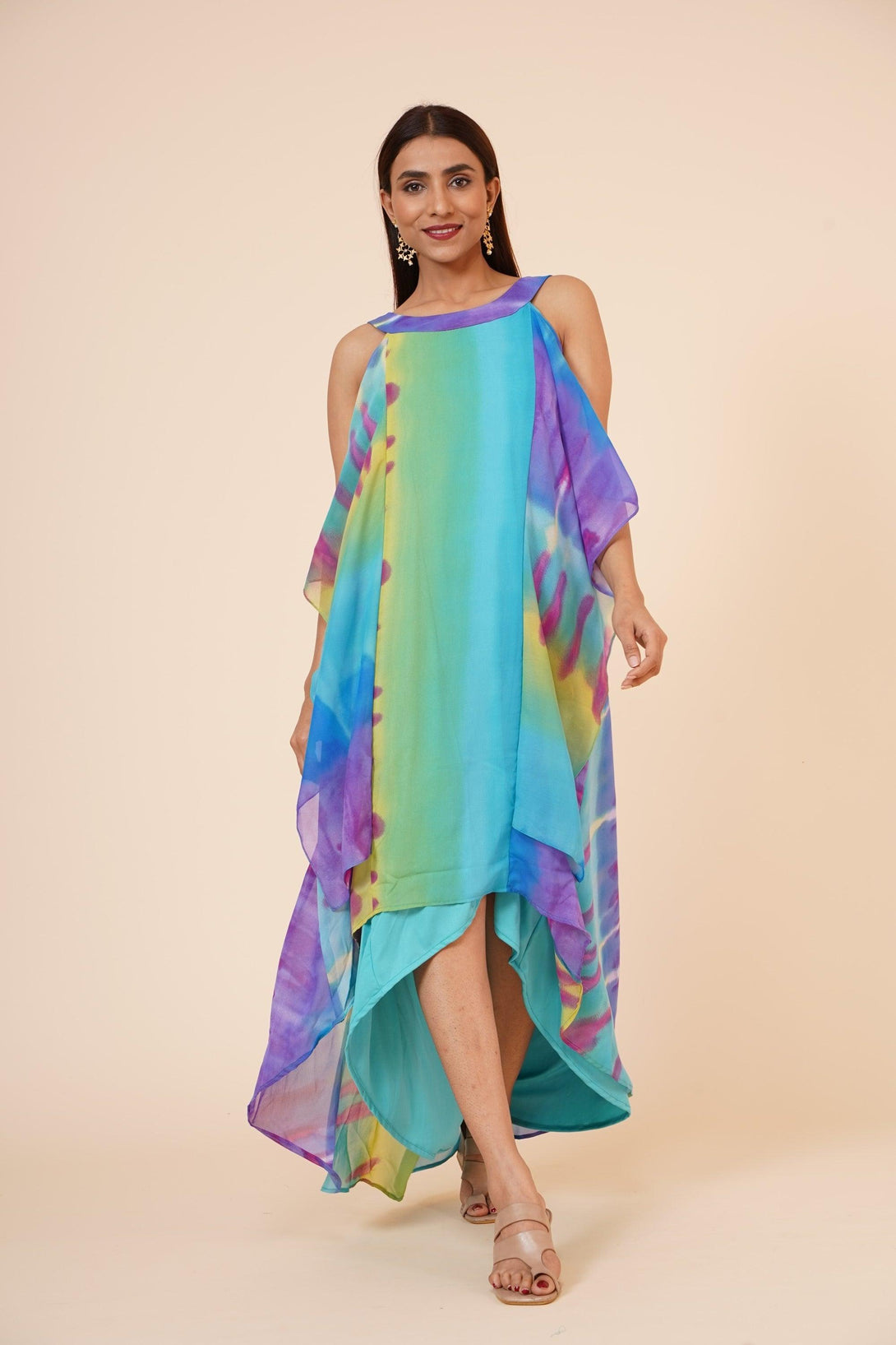 Women's Halter Neck Ruffle Drape Printed Georgette Dress In Multicolor - MIRACOLOS by Ruchi - Indiakreations