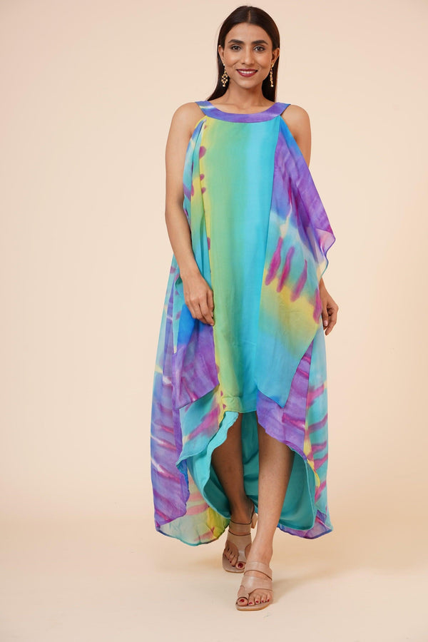 Women's Halter Neck Ruffle Drape Printed Georgette Dress In Multicolor - MIRACOLOS by Ruchi - Indiakreations