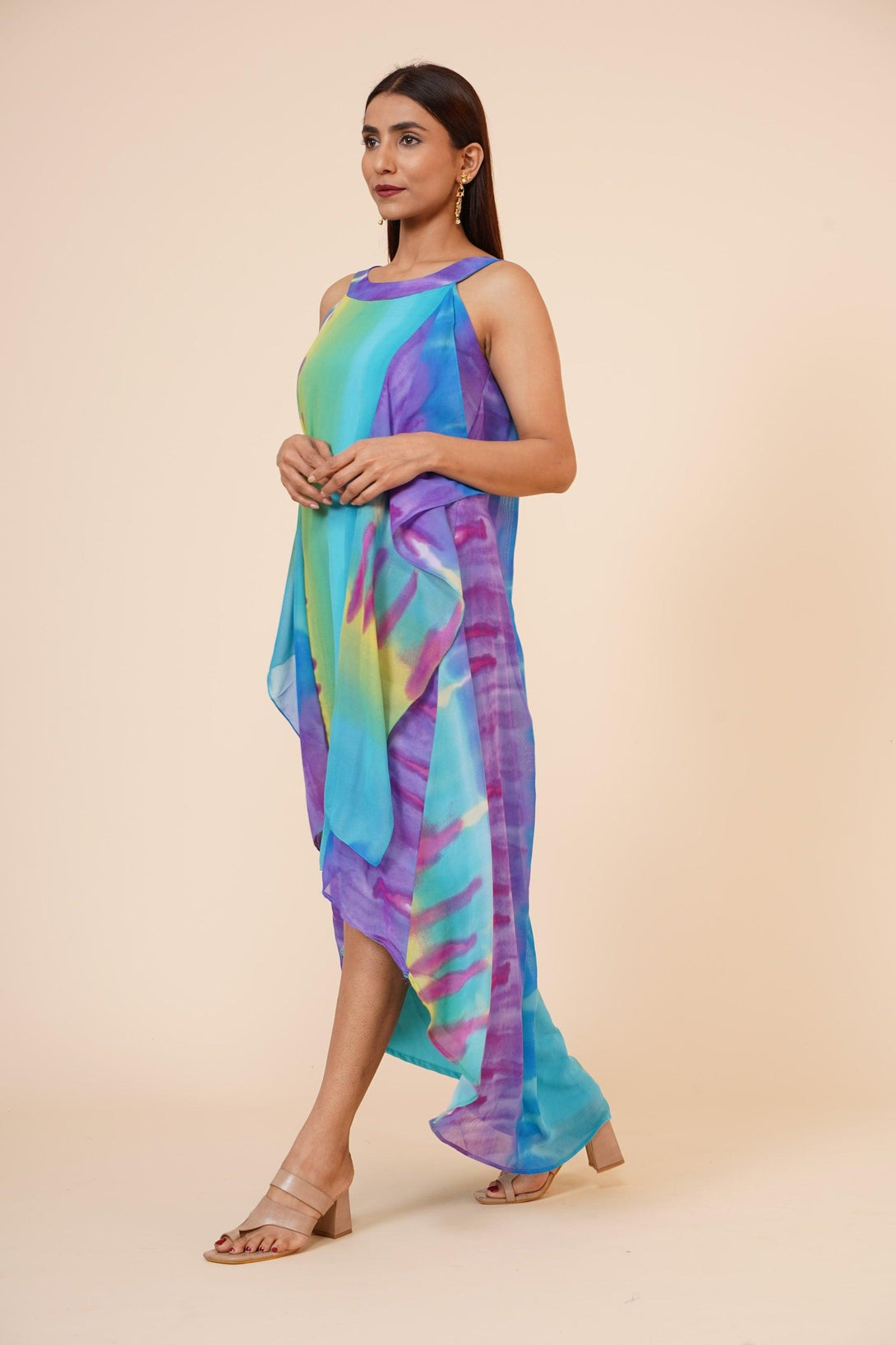 Women's Halter Neck Ruffle Drape Printed Georgette Dress In Multicolor - MIRACOLOS by Ruchi - Indiakreations