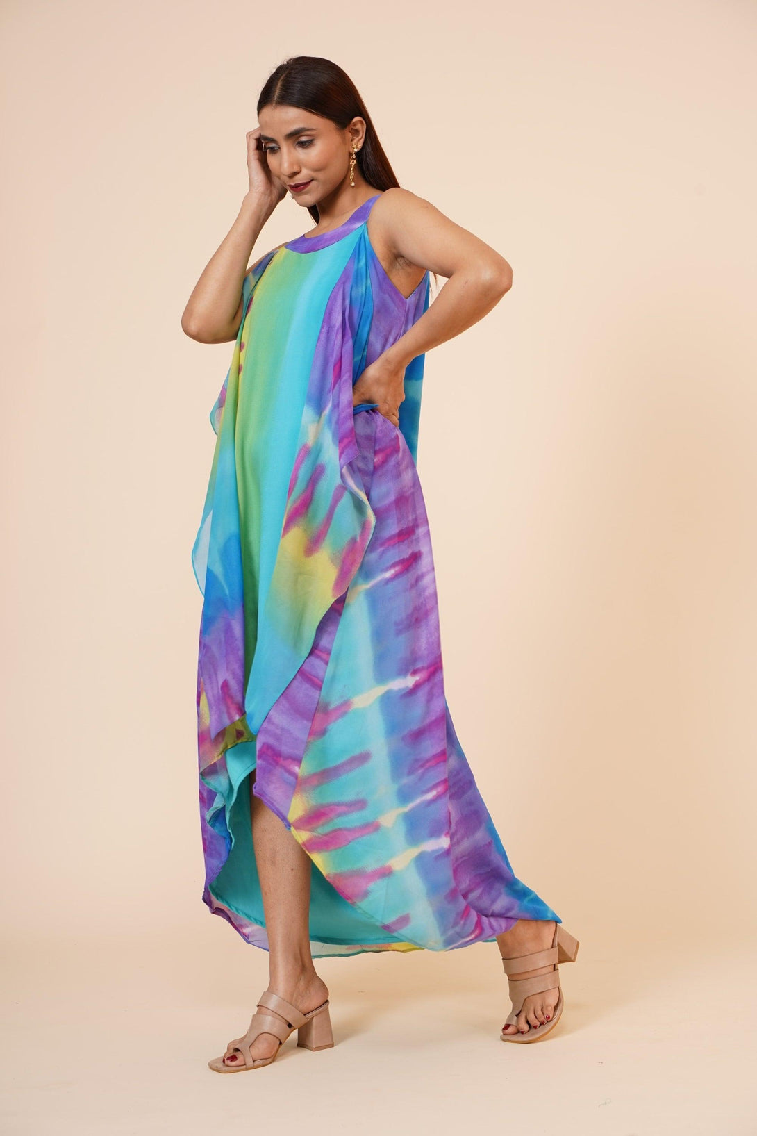 Women's Halter Neck Ruffle Drape Printed Georgette Dress In Multicolor - MIRACOLOS by Ruchi - Indiakreations