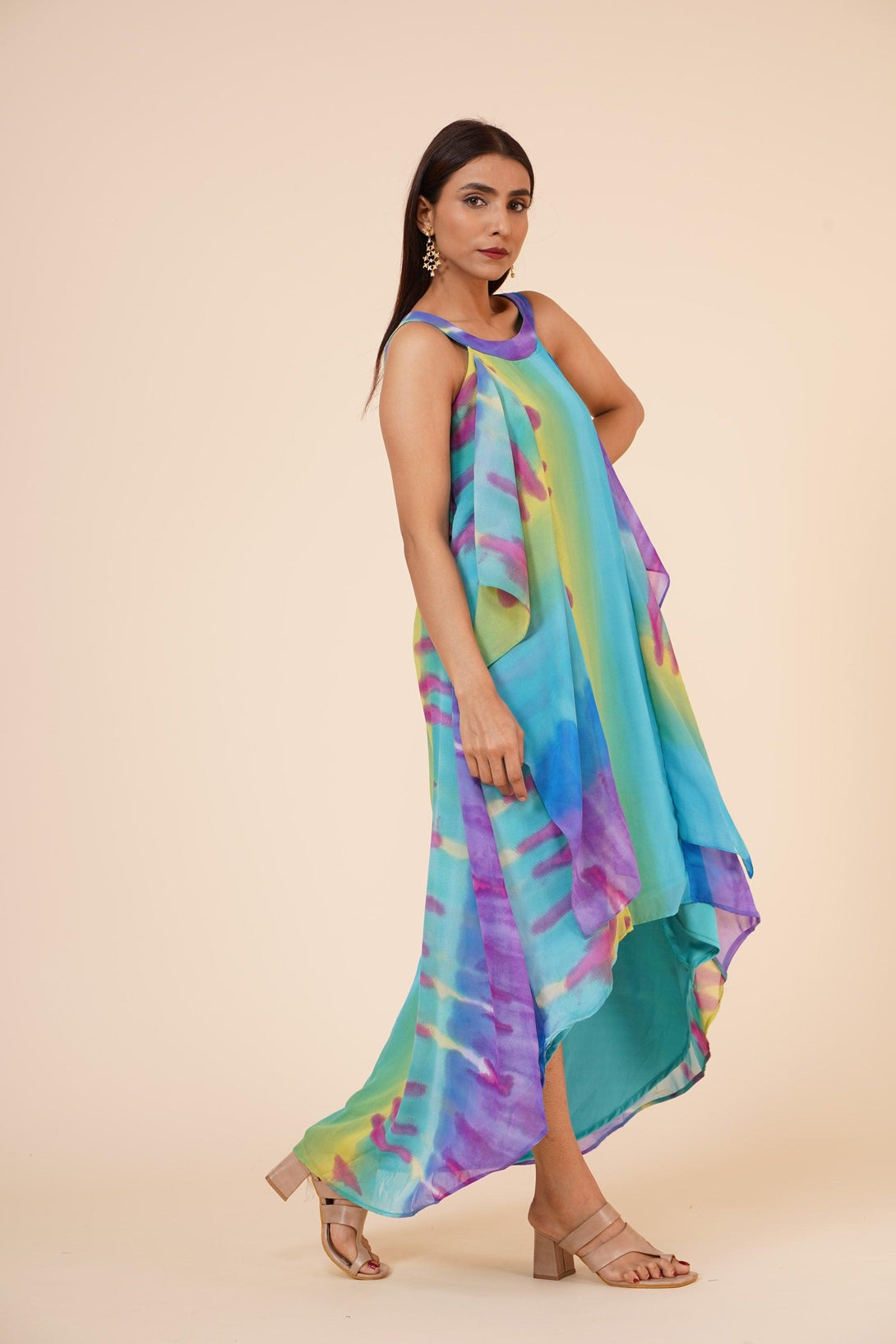 Women's Halter Neck Ruffle Drape Printed Georgette Dress In Multicolor - MIRACOLOS by Ruchi - Indiakreations