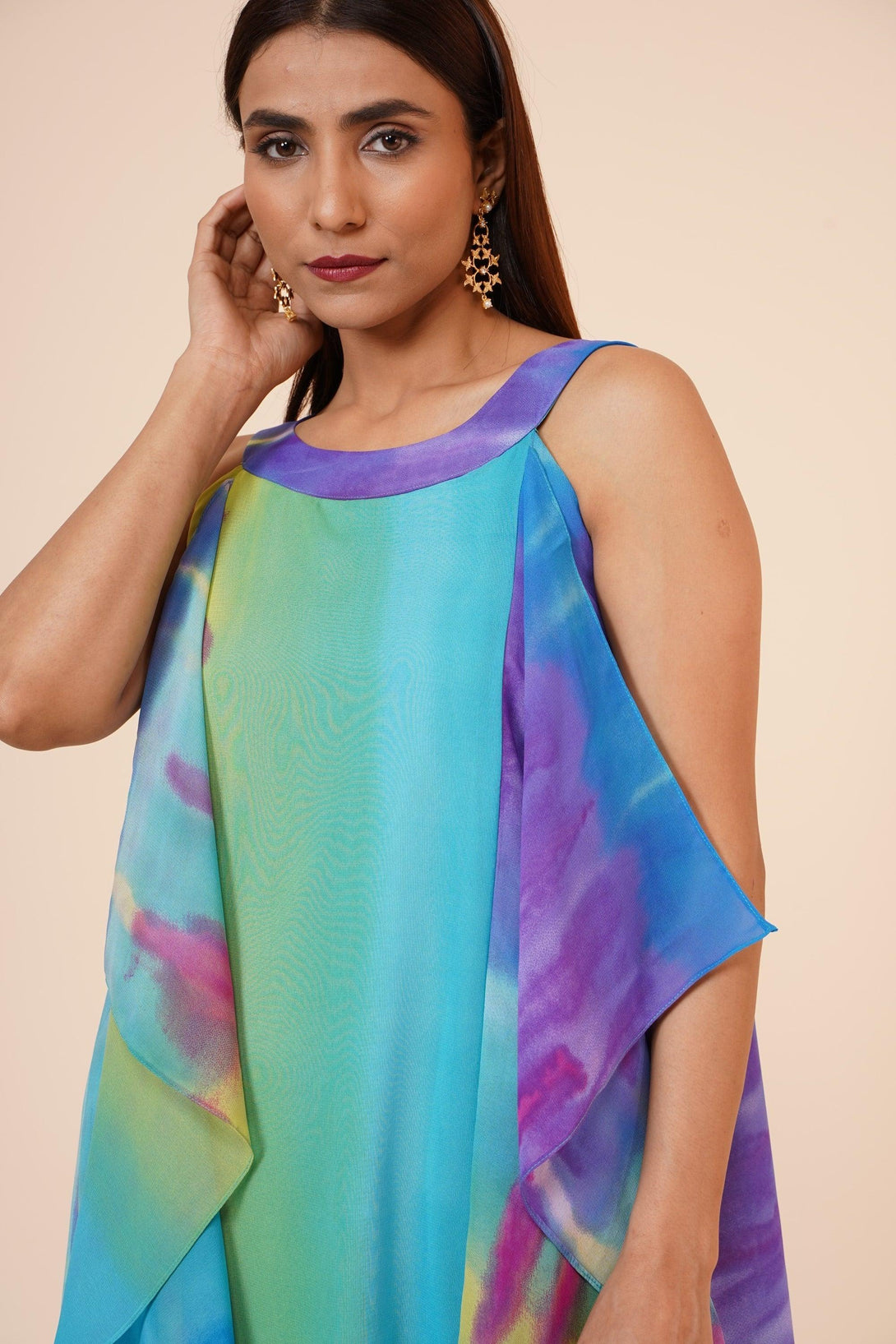 Women's Halter Neck Ruffle Drape Printed Georgette Dress In Multicolor - MIRACOLOS by Ruchi - Indiakreations