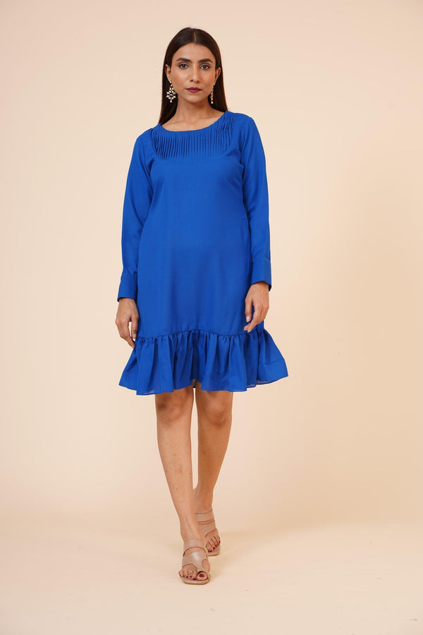 Women's Pin Tucks Georgette Midi Casual Dress Cobalt Blue - MIRACOLOS by Ruchi - Indiakreations