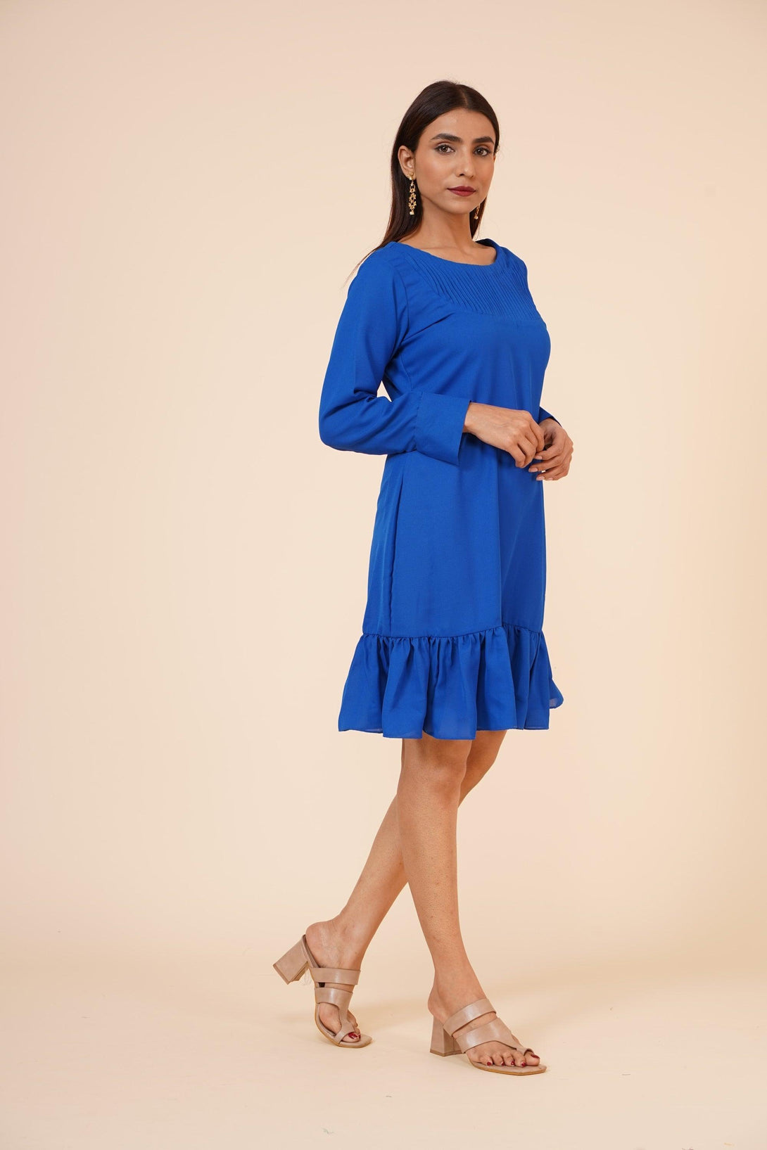 Women's Pin Tucks Georgette Midi Casual Dress Cobalt Blue - MIRACOLOS by Ruchi - Indiakreations