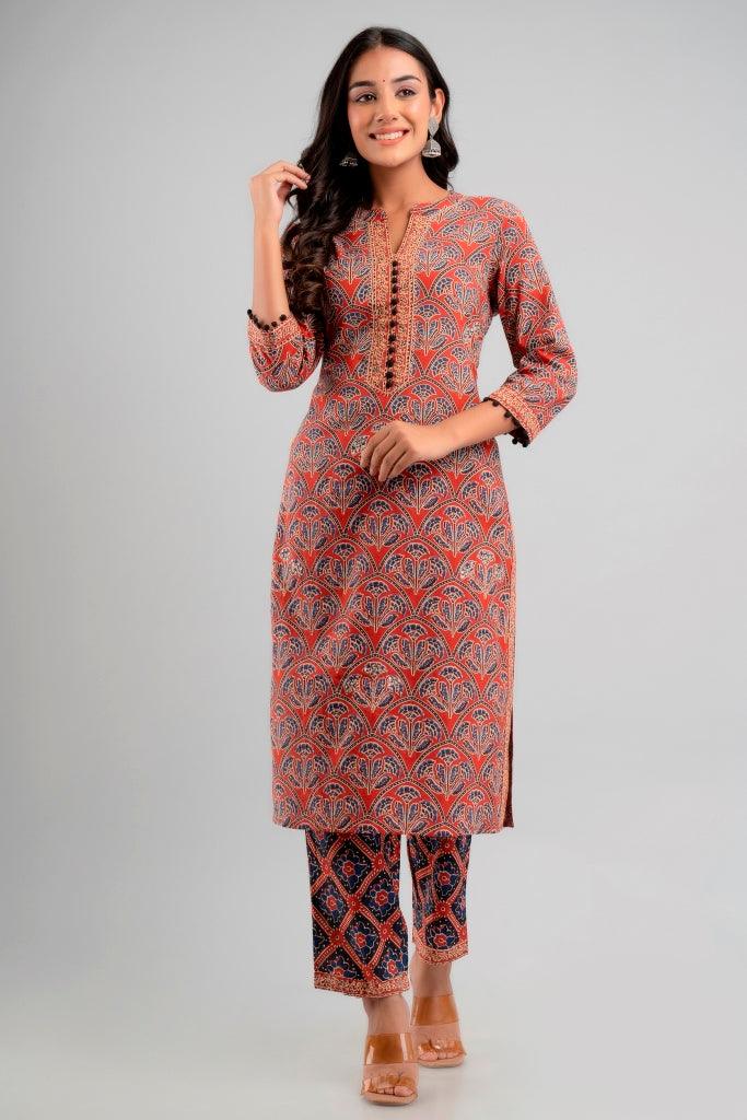 Women's Maroon Pure Cotton Floral Kurta Pant Set - Wahe-NOOR - Indiakreations