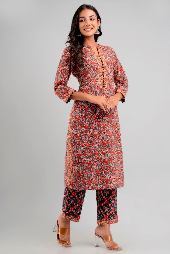 Women's Maroon Pure Cotton Floral Kurta Pant Set - Wahe-NOOR - Indiakreations