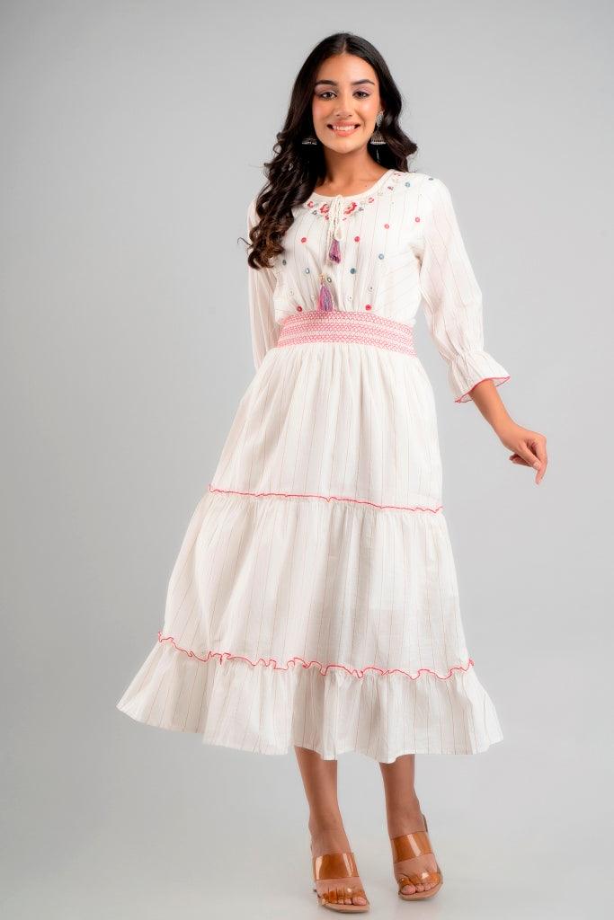 Women's Women White Mirror Work Cotton Ethnic Dress - Wahe-NOOR - Indiakreations