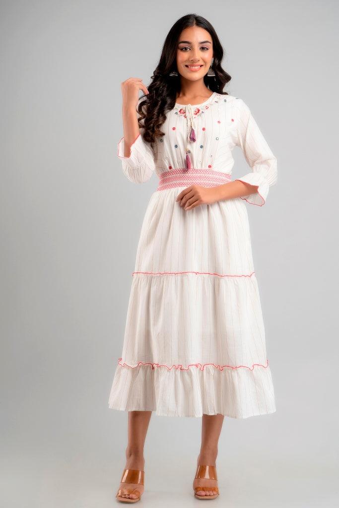 Women's Women White Mirror Work Cotton Ethnic Dress - Wahe-NOOR - Indiakreations