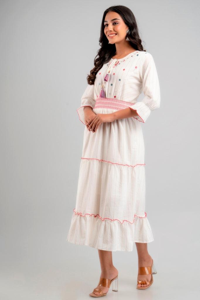 Women's Women White Mirror Work Cotton Ethnic Dress - Wahe-NOOR - Indiakreations