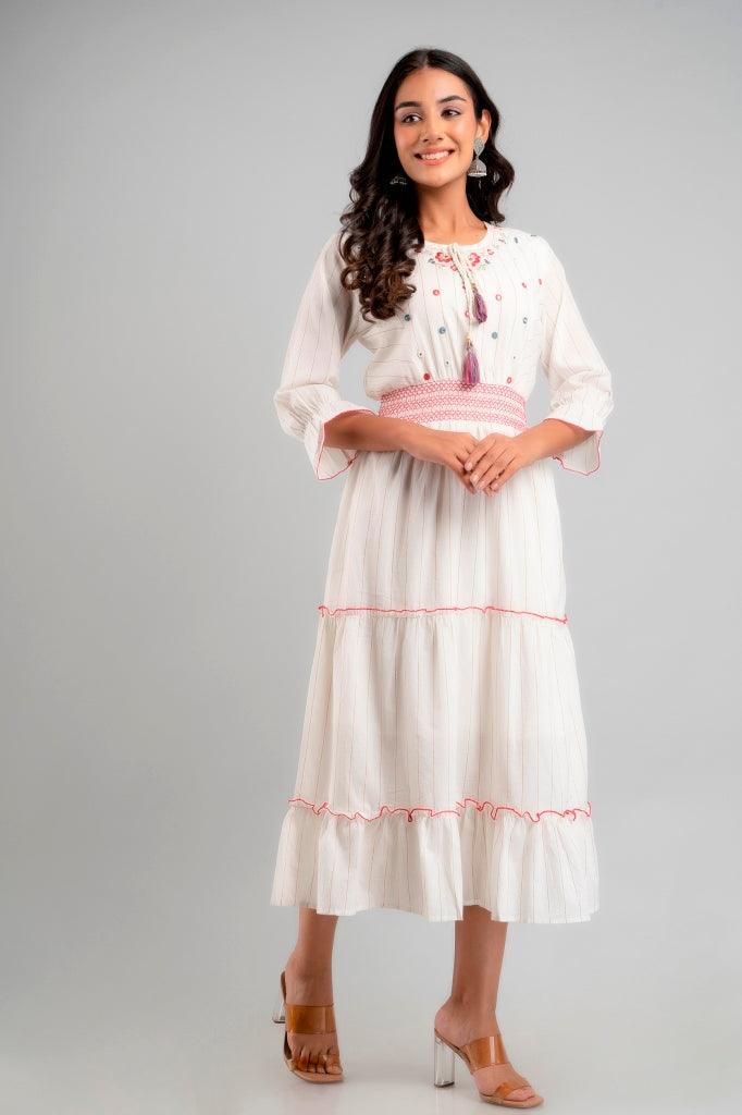 Women's Women White Mirror Work Cotton Ethnic Dress - Wahe-NOOR - Indiakreations