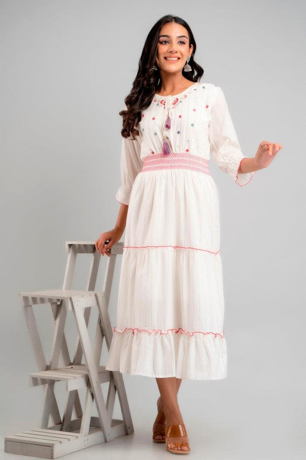 Women's Women White Mirror Work Cotton Ethnic Dress - Wahe-NOOR - Indiakreations