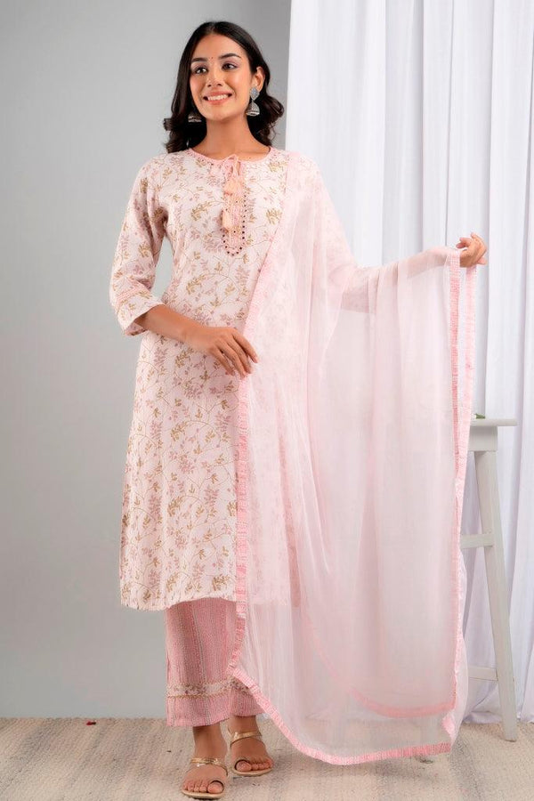 Women's BabyPink Art Silk Floral Suit Set - Wahe-NOOR - Indiakreations