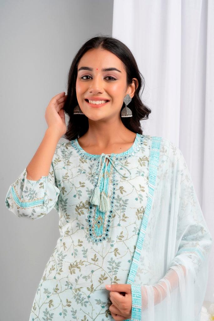 Women's SkyBlue Art Silk Floral Suit Set - Wahe-NOOR - Indiakreations