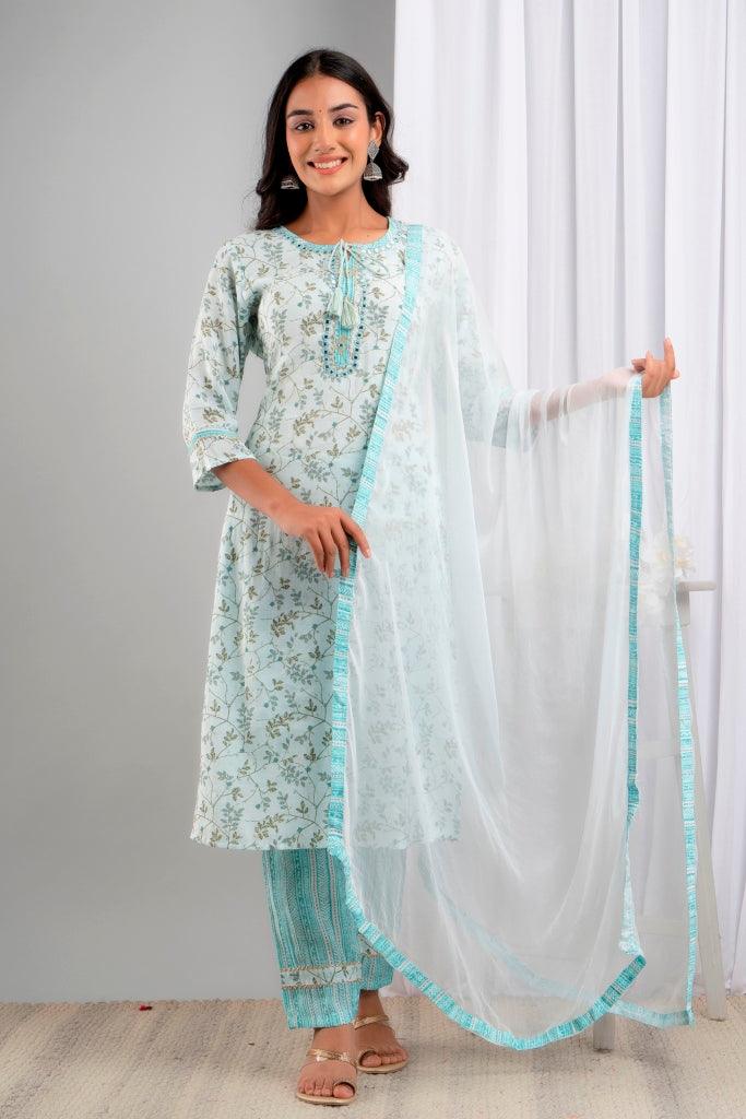 Women's SkyBlue Art Silk Floral Suit Set - Wahe-NOOR - Indiakreations