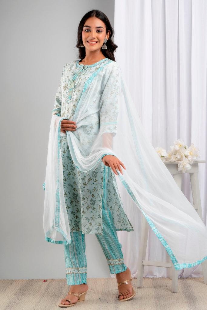 Women's SkyBlue Art Silk Floral Suit Set - Wahe-NOOR - Indiakreations