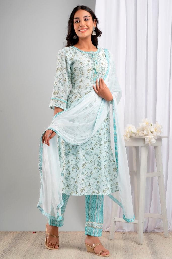 Women's SkyBlue Art Silk Floral Suit Set - Wahe-NOOR - Indiakreations