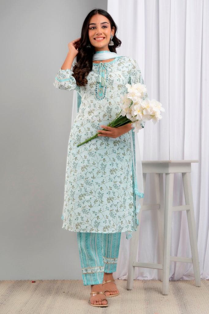 Women's SkyBlue Art Silk Floral Suit Set - Wahe-NOOR - Indiakreations