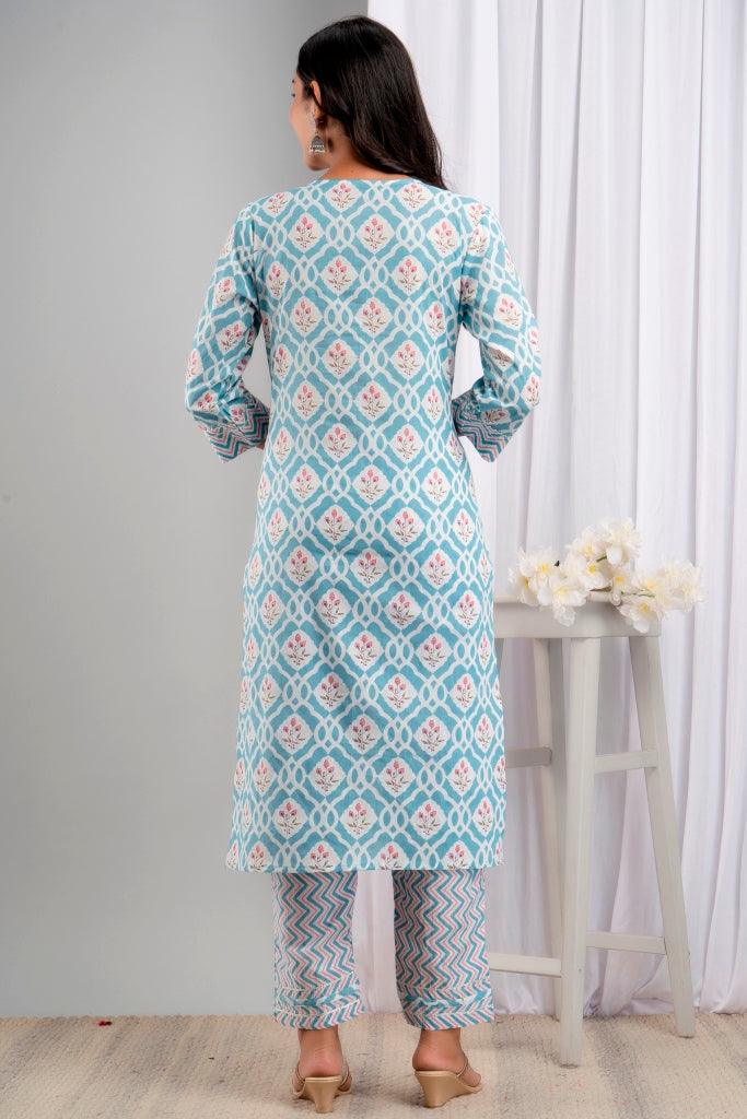 Women's Blue Pure Cotton Floral Suit Set - Wahe-NOOR - Indiakreations