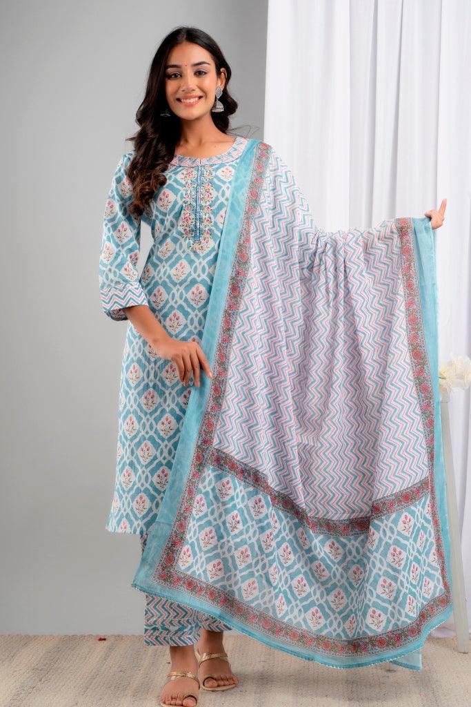 Women's Blue Pure Cotton Floral Suit Set - Wahe-NOOR - Indiakreations