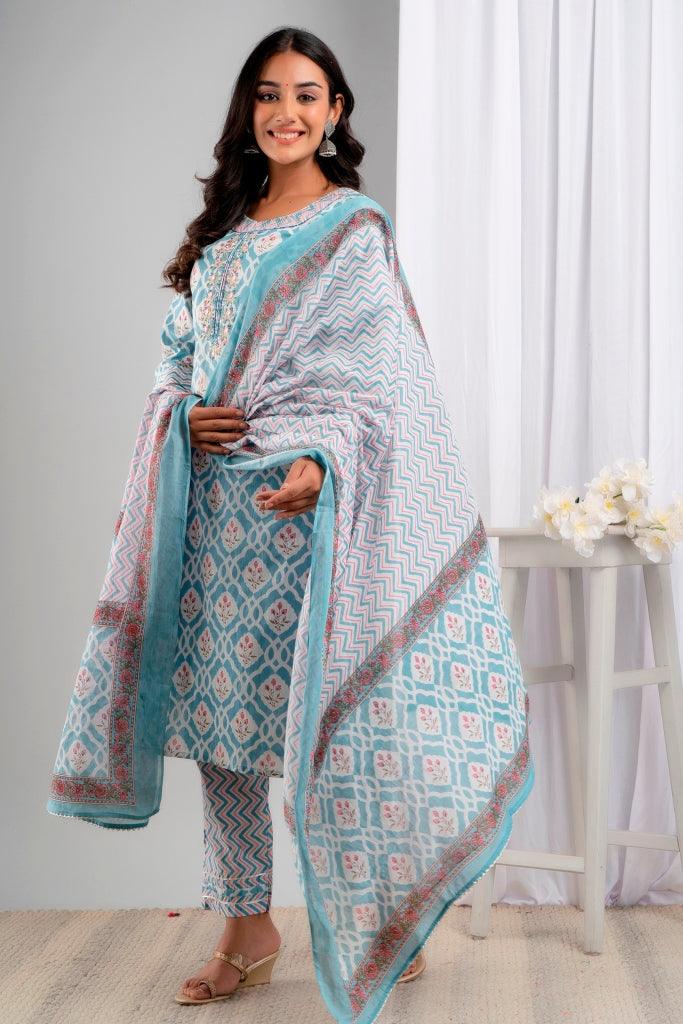 Women's Blue Pure Cotton Floral Suit Set - Wahe-NOOR - Indiakreations