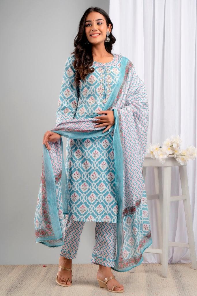 Women's Blue Pure Cotton Floral Suit Set - Wahe-NOOR - Indiakreations