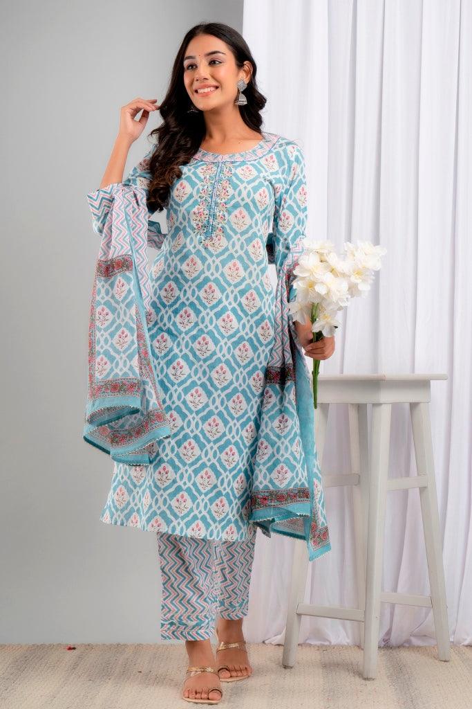 Women's Blue Pure Cotton Floral Suit Set - Wahe-NOOR - Indiakreations