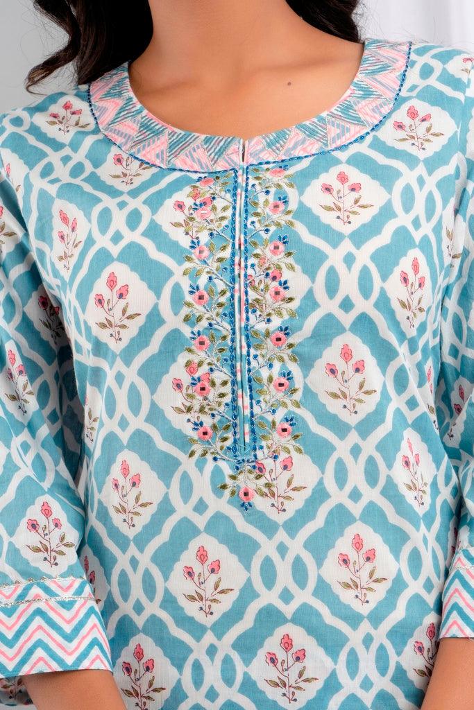 Women's Blue Pure Cotton Floral Suit Set - Wahe-NOOR - Indiakreations