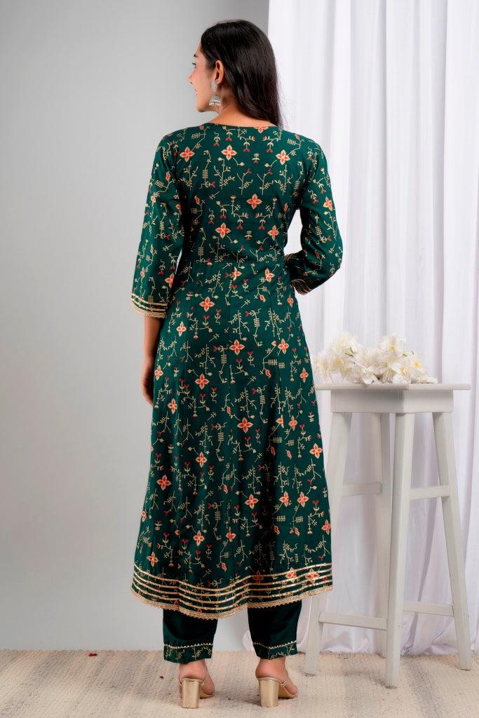 Women's Green Viscose Rayon Floral Suit Set - Wahe-NOOR - Indiakreations