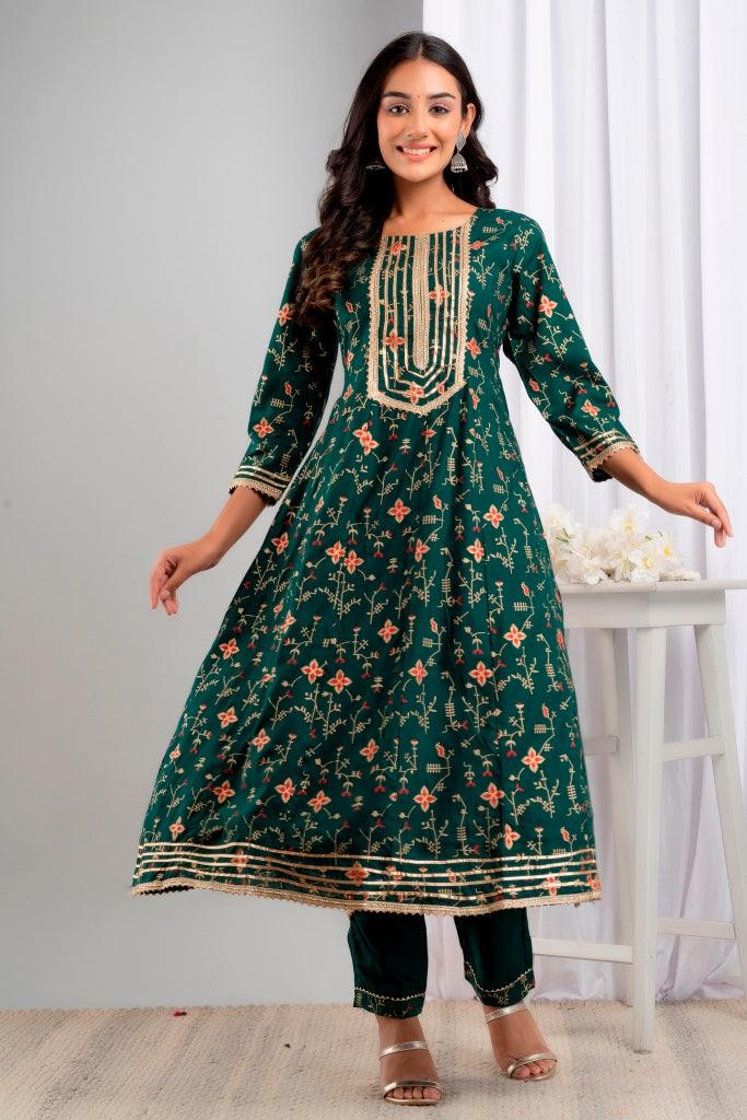 Women's Green Viscose Rayon Floral Suit Set - Wahe-NOOR - Indiakreations