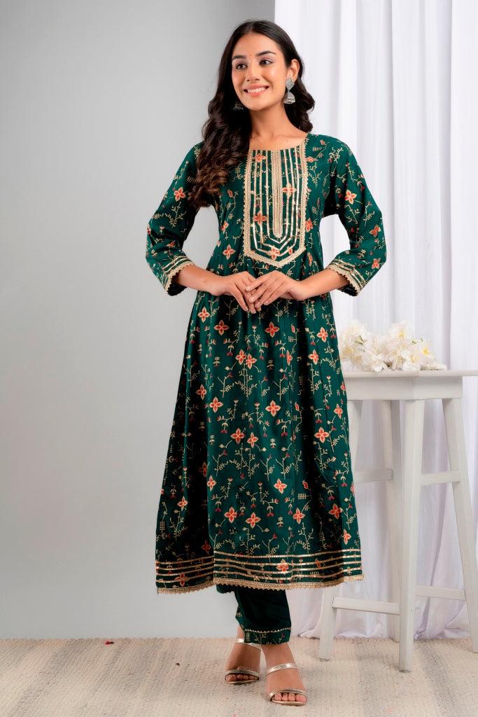 Women's Green Viscose Rayon Floral Suit Set - Wahe-NOOR - Indiakreations