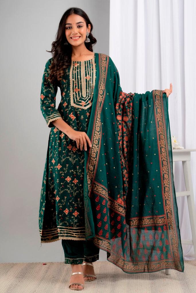 Women's Green Viscose Rayon Floral Suit Set - Wahe-NOOR - Indiakreations